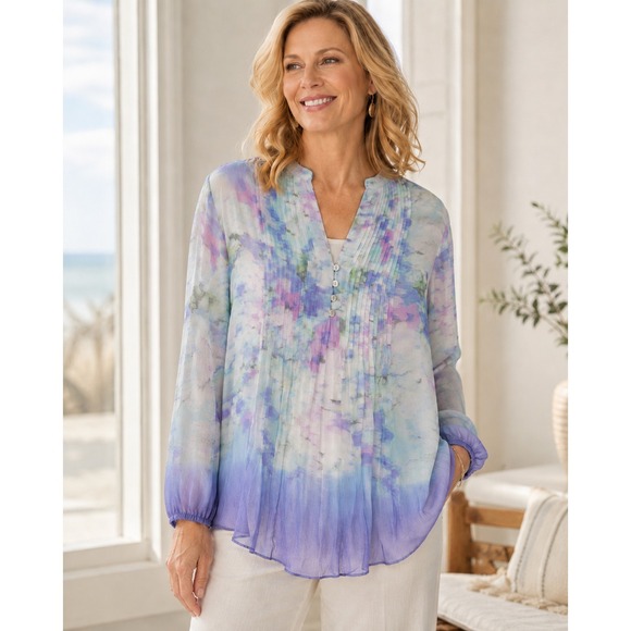 Soft Surroundings Tops - Soft Surroundings Sheer Watercolor Floral Ombre Pintuck Tunic Top Small *Flaw